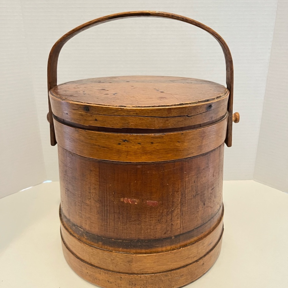 Antique Early American Sugar Bucket w/ Lid, Swing handle, c. 1840’s, Wooden
